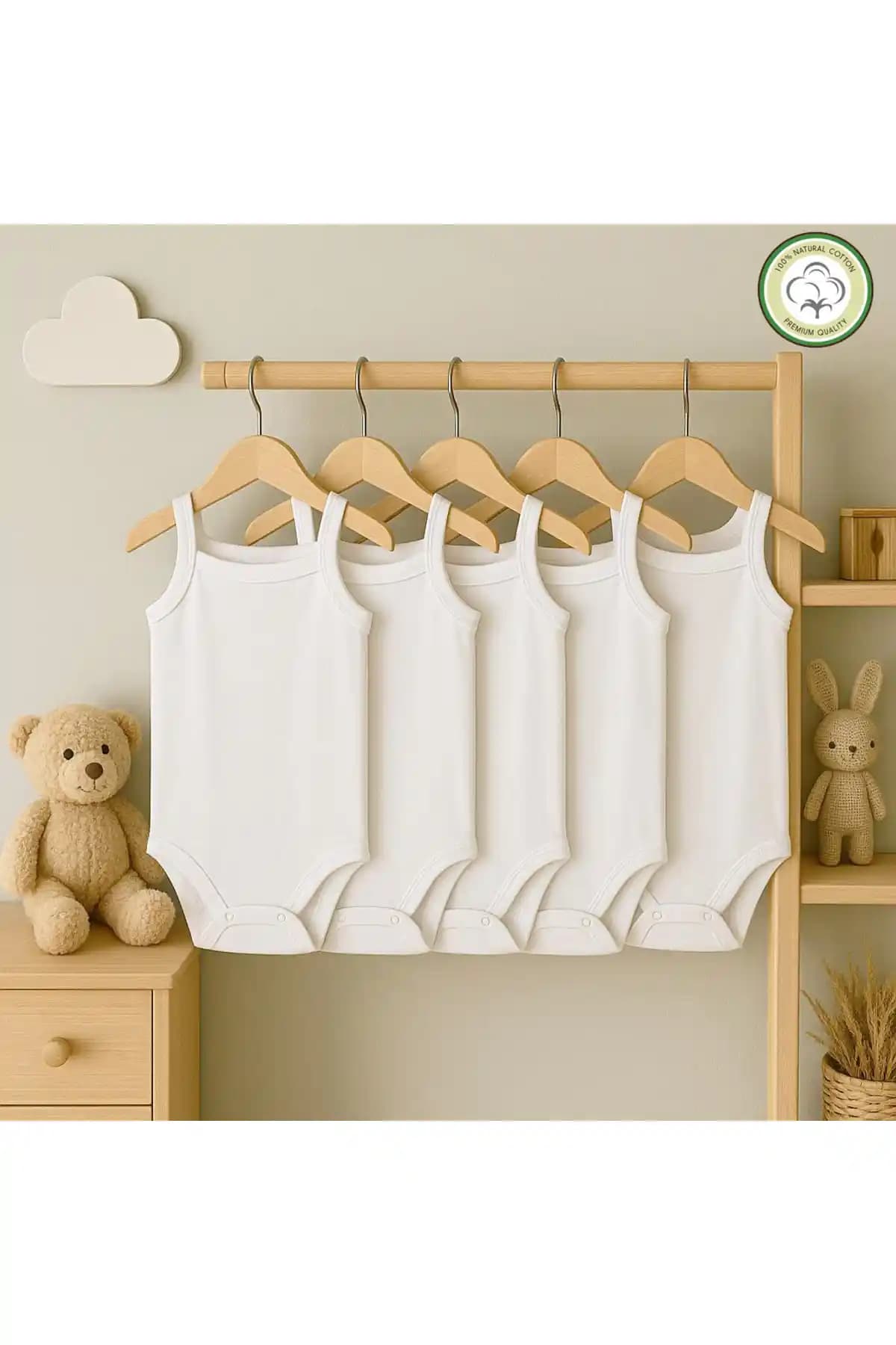 Bebekler İçin %100 Pamuk Beyaz Askılı Body 5'li Paket Konfor ve Şıklık Sunar