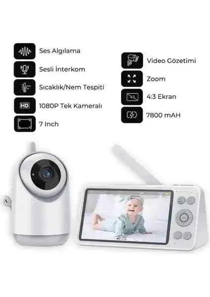 Enshall Yeni Gece Görüşlü Bonoch 7'' 1080P HD Şarjlı Bebek İzleme Monitörü ve Kamerası