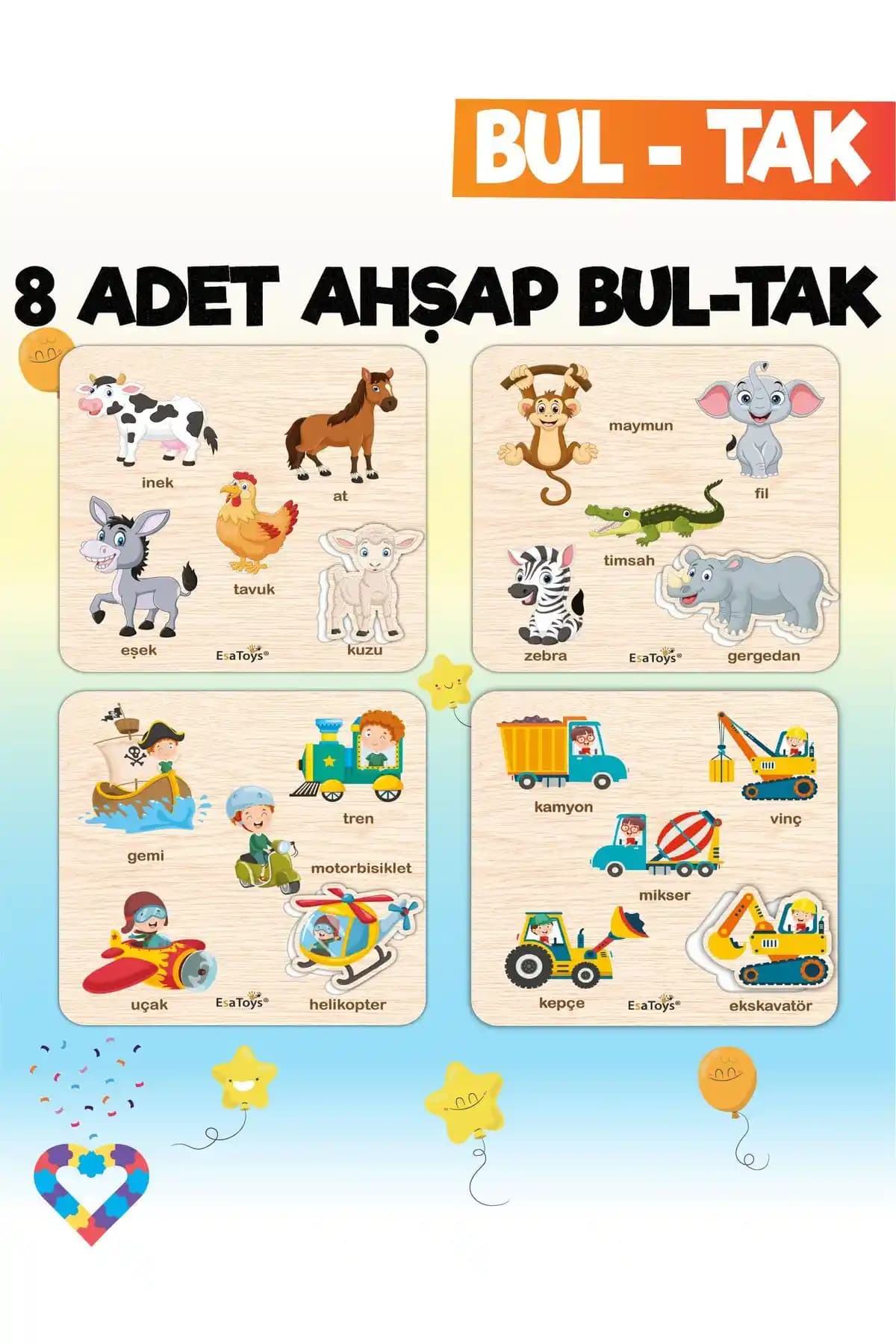 Esatoys Montessori 8’li Mega Bul-Tak Seti: Eğitici ve Güvenli Ahşap Oyun Seti