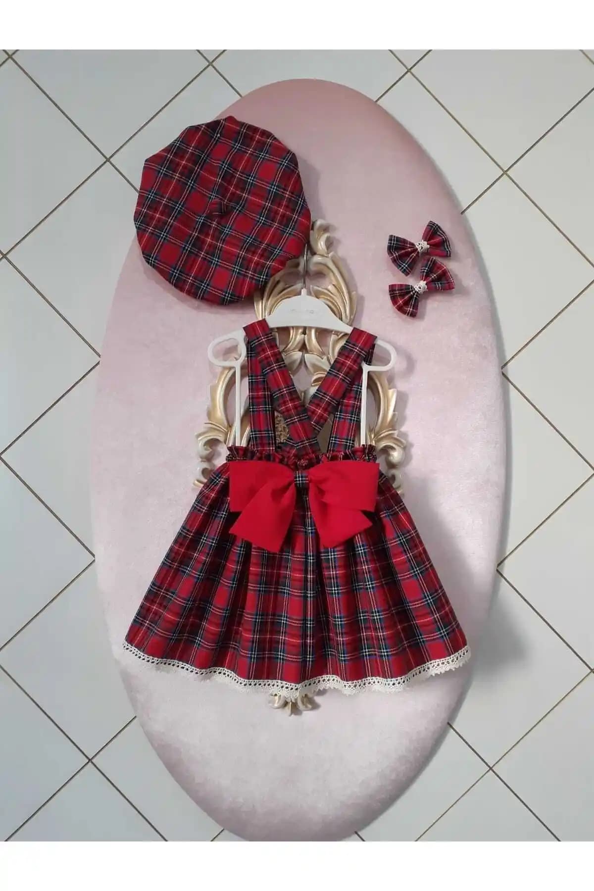 Eylülce Butik Kız Bebek ve Çocuk Ekoseli Salopet Elbise ve Aksesuarlar Seti