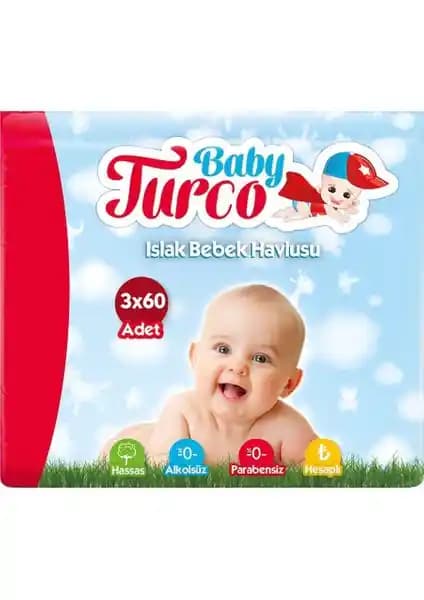 Baby Turco Islak Havlu 3 Paket, Hassas Ciltler İçin Güvenli ve Ekonomik Temizlik Ürünü