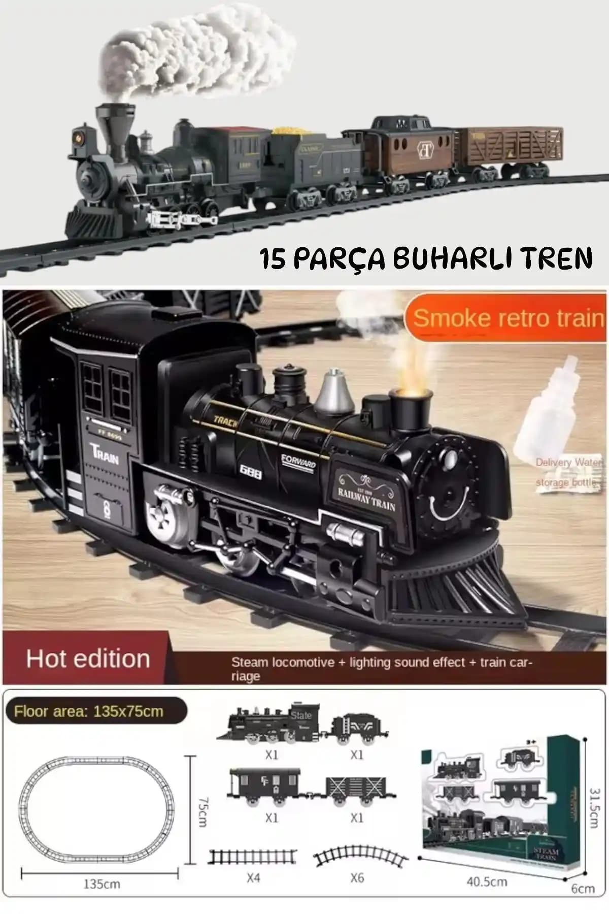 Cayenna Vardem Işıklı ve Sesli Buhar Çıkartan 15 Parça Tren Seti Çocuklar İçin Eğlenceli Oyun Deneyimi
