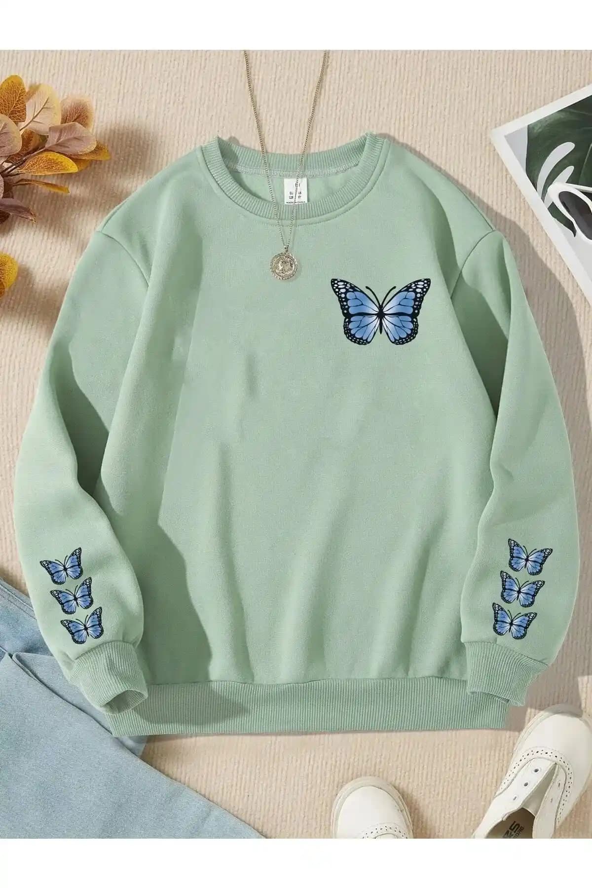 LePold Mint Yeşili Mavi Kelebek Baskılı Kadın Sweatshirt Detaylı İnceleme ve Özellikler