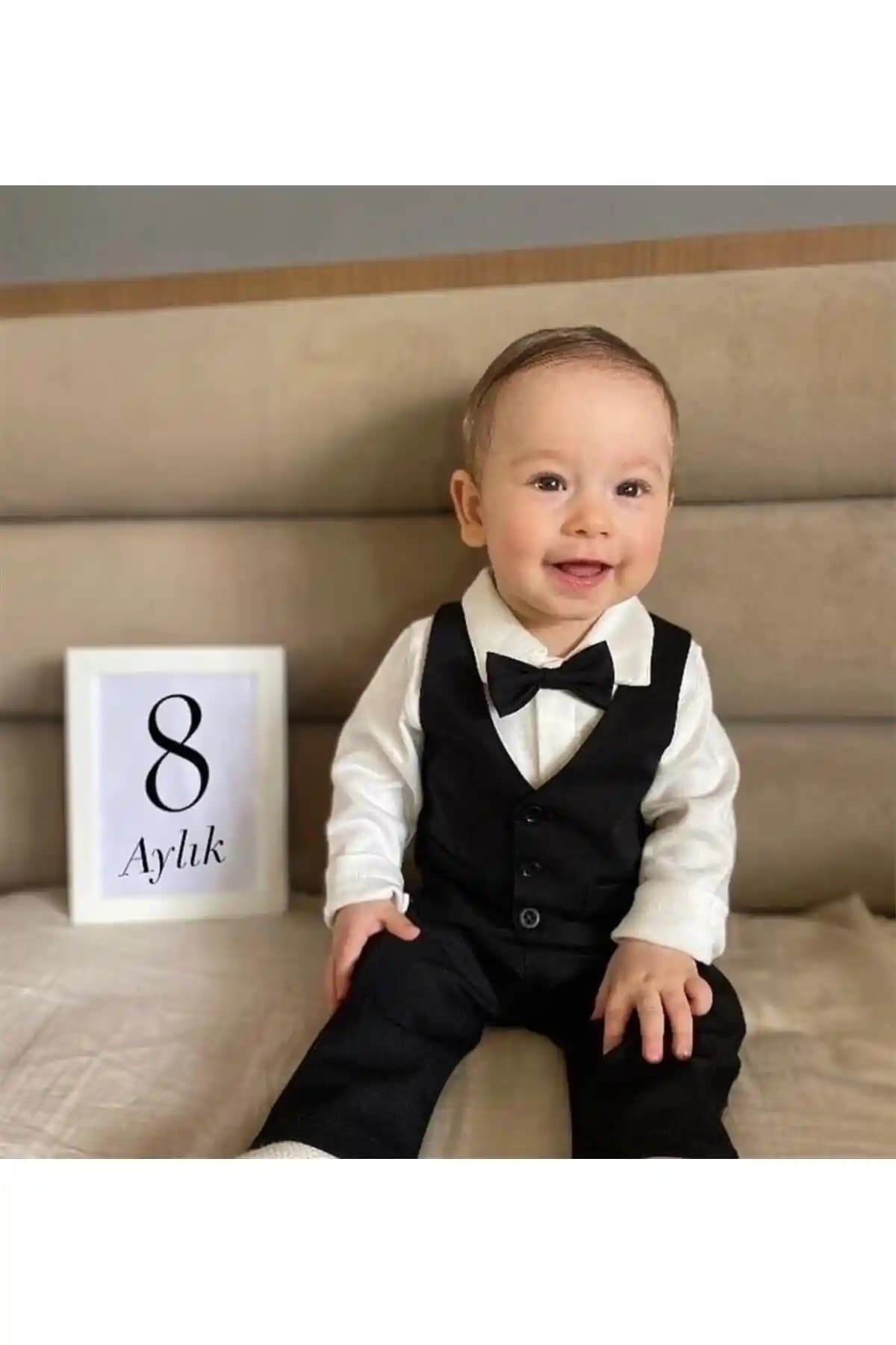 Mini Ropa Düz Siyah Papyonlu Yelekli Bebek Takımı Günlük ve Özel Kullanım İçin