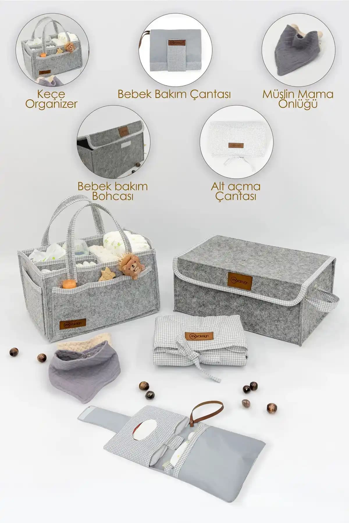Mordesign Yenidoğan Bebek Bakım Çeyiz Seti Gri Renkli Pratik ve Şık Çözüm